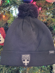 Black UNRL beanie with leather Soccer Shield patch. Warmer and more versatile than any other winter knit we've seen. Made with a detachable pom and HexHeat liner.
