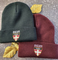 Cuffed knit hats in maroon or black. Golf Shield logo embroidered on the cuff. One size fits all.