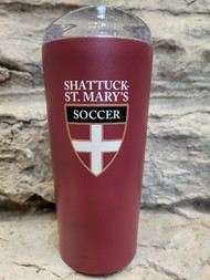 Watch your favorite team and keep your cocoa or coffee piping hot.  Maroon, stainless steel, 20 ounce travel mug.  Clear slide open top, screened soccer shield logo.