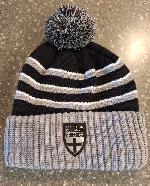Shattuck-St. Mary's Shield Patch knit Cuffed beanie. Three-stripe design with POM on top.