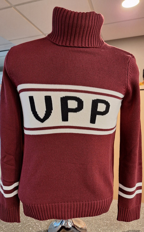 VPP Turtleneck - Maroon with white band featuring our VPP COE in maroon lettering with white stripes on sleeves. 55% Acrylic/45/5 /Cotton. Available in sizes X-Small, Small, Medium, Large and X-Large.