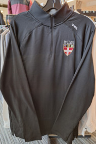 UNRL Brand Black 1/4 Zip shirt. Features Shattuck-St. Mary's Crest Shield logo. Available in Adult sizes X-Small, Small, Medium, Large and X-Large. 92% Polyester/8% Spandex