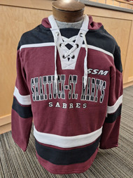 Show your SSM School spirit with this hockey lace-up style hooded sweatshirt in SSM colors. Features SSM Shattuck-St. Mary's Sabres on the front. 70% cotton/30% Polyester. Available in Men's sizes Small, Medium, Large, X-Large and XX-Large.