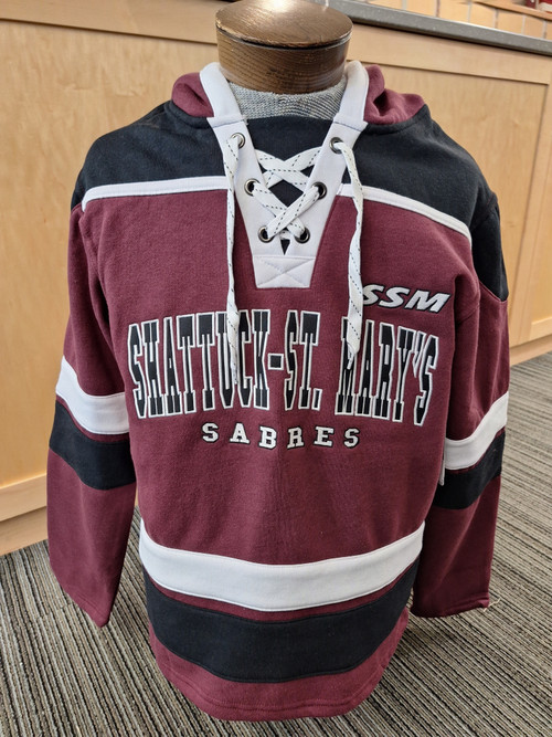Show your SSM School spirit with this hockey lace-up style hooded sweatshirt in SSM colors. Features SSM Shattuck-St. Mary's Sabres on the front. 70% cotton/30% Polyester. Available in Men's sizes Small, Medium, Large, X-Large and XX-Large.