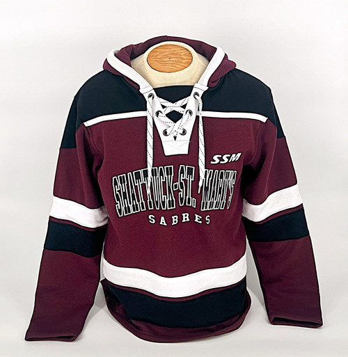 Show your SSM School spirit with this hockey lace-up style hooded sweatshirt in SSM colors. Features SSM Shattuck-St. Mary's Sabres on the front. 70% cotton/30% Polyester. Available in Men's sizes Small, Medium, Large, X-Large and XX-Large.