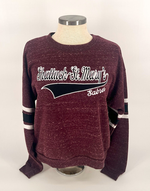 Get ready to show your school spirit with this women's ultra soft loose fit Crewneck cropped sweatshirt. Features Ribbed cuffs and band. Shattuck-St. Mary's Sabres on front with black and white stripes on sleeves. 95% polyester/5% cotton. Available in women's sizes small, medium, large, X-large and XX-Large.