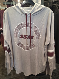 Comfy loose fit women's hooded long sleeve t-shirt. Light gray with Shattuck-St. Mary's SSM Sabres screen print on front. Features drawstring hood. 65?5 polyester/35% rayon. Available in women's sizes small, medium, large, X-Large and XX-large.