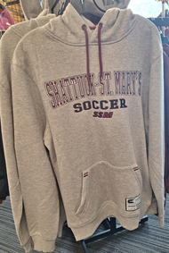 Gray hooded Shattuck-St. Mary's Soccer Hoodie. Features Maroon, black and white embroidered lettering on front. 70% cotton/30% polyester. Available in Men's sizes small, medium, large and X-large.