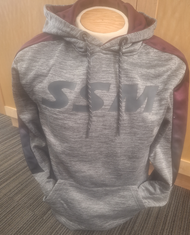 Gray poly SSM hooded sweatshirt. Featuring SSM in gray screen print on front and Shattuck-St. Mary's in maroon screen print on hood. Ombre maroon/gray stripe down sleeves. 100% polyester. Men's sizes small, medium, large, X-large and XX-large.