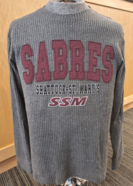 Men's dark grey thermal long-sleeved shirt. Featuring maroon appliqued Sabres Shattuck-St. Mary's SSM logo on front. 80% polyester, 14% Rayon & 6% Spandex.