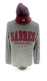 Men's dark grey thermal long-sleeved shirt. Featuring maroon appliqued Sabres Shattuck-St. Mary's SSM logo on front. 80% polyester, 14% Rayon & 6% Spandex. ***HAT NOT INCLUDED**