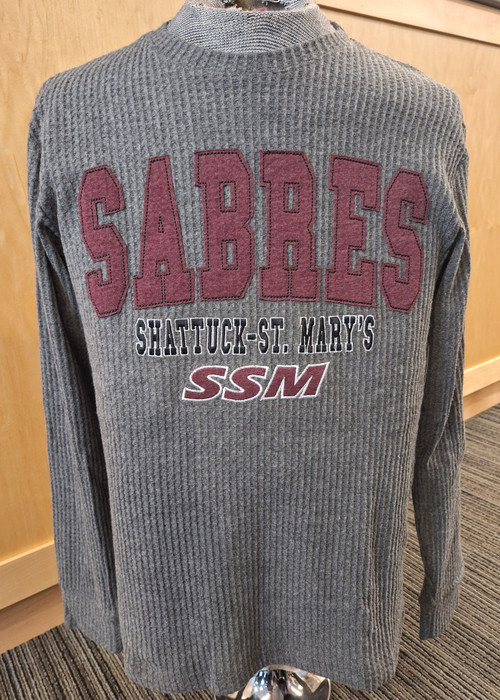 Men's dark grey thermal long-sleeved shirt in size 3XL. Featuring maroon appliqued Sabres Shattuck-St. Mary's SSM logo on front. 80% polyester, 14% Rayon & 6% Spandex.