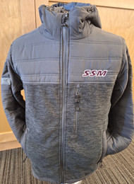 Keep warm in this men's hooded puffer jacket. Gray with maroon embroidered SSM on front left chest and Shattuck-St. Mary's on upper right shoulder. Features 3 zippered front pockets.100% polyester.