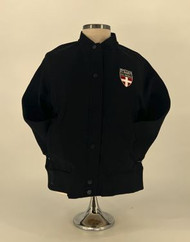 UNRL brand women's black button up bomber jacket. Featuring Shattuck-St. Mary's Vocal Performance crest on upper left chest. Cuffed sleeves and waistband. Jacket shell 88% nylon/12% spandex. Jacket inside 64% polyester/28% rayon/%8% spandex.
