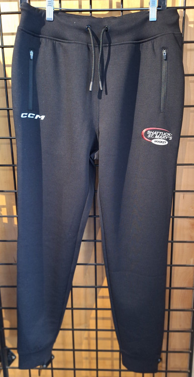 Black CCM cuffed joggers with drawstring waist. Features side zippered pockets and Shattuck-St. Mary's Hockey Swoosh on upper left front.