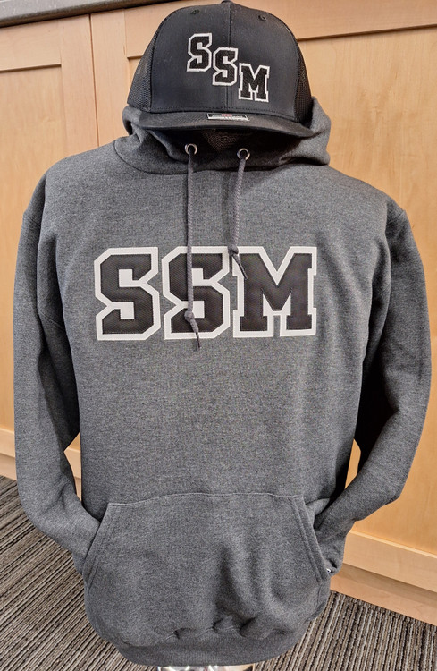 Men's Champion brand granite hoodie featuring tackle twill horizontal SSM logo in black and white.  50% cotton/50% polyester