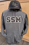 Men's Champion brand granite hoodie featuring tackle twill horizontal SSM logo in black and white.  50% cotton/50% polyester