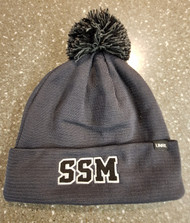 UNRL brand dark gray POM Beanie. Features embroidered black and white horizontal SSM on front. One size.
