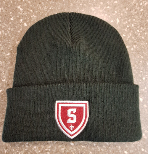Black knit cuffed beanie featuring embroidered new shield logo in maroon and gray. One size.