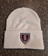 Cream colored  knit cuffed beanie featuring embroidered new shield logo in maroon and gray. One size.
