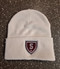 Cream colored  knit cuffed beanie featuring embroidered new shield logo in maroon and gray. One size.