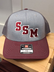 Richardson adjustable heather gray and maroon hat. Features embroidered stacked SSM logo in maroon and white.