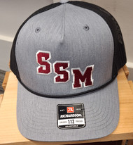 Richardson adjustable gray and black rope hat. Features embroidered stacked SSM logo in maroon and white.