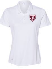 Moisture wicking Adidas Uniform Women’s polo shirt in white. Embroidered with new S Shield logo. Available in Men’s sizes XS-XL.  100% polyester
