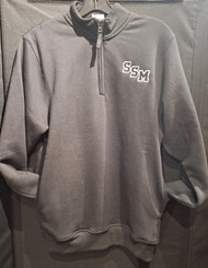 Black1/4 zip fleece pullover with side pockets. Featuring embroidered black and white stacked SSM logo. 60% cotton/40% polyester. Adult size 2XL.