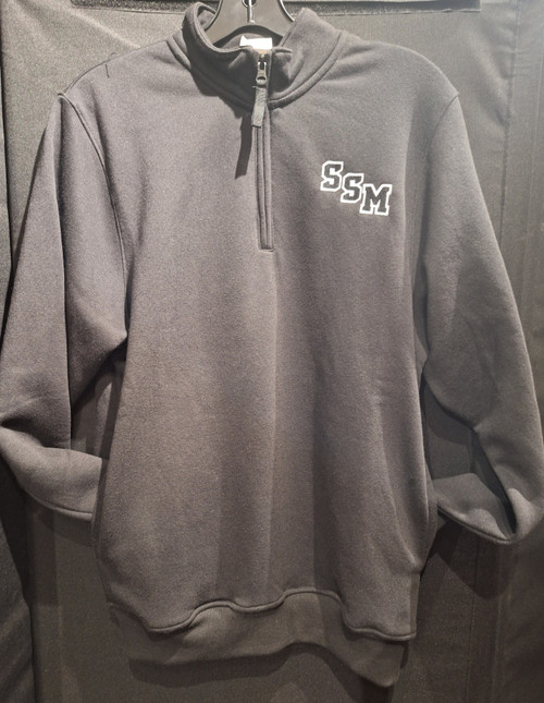 Black1/4 zip fleece pullover with side pockets. Featuring embroidered black and white stacked SSM logo. 60% cotton/40% polyester. Adult size 2XL.