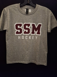Youth SSM Hockey Soft Style T-Shirt in Sports Grey. SSM Hockey screen print on front. Youth Sizes XS- XL. 90% Cotton/ 10% Polyester.
