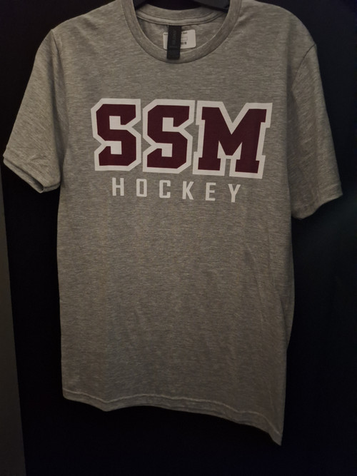 Adult SSN Hockey Soft Style T-shirt in Sports Grey. SSM Hockey screen print on front. Adult sizes Small - 3XL. 90% cotton/10% polyester.