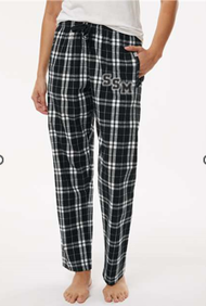 Women's black and white plaid pajama pants. Pant feature drawstring waist and embroidered SSM on upper left side. 100% Cotton.