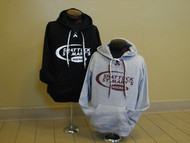 Hooded sweatshirt with screened hockey swoosh logo, laces in neck opening.  80/20 blend.  Gray only.