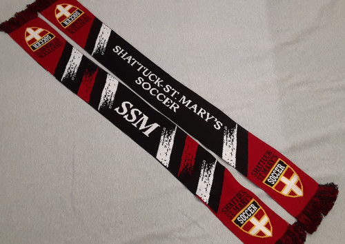 Cheer on your team with a custom soccer scarf. The item is 58 inches long, approx. 6.5 inches wide, and it's made of
100% acrylic  20% polyester yarn.  Hand wash only.