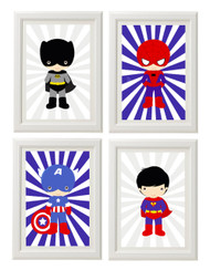 Superhero wall art set. Batman, Captain America, Spiderman and Superman