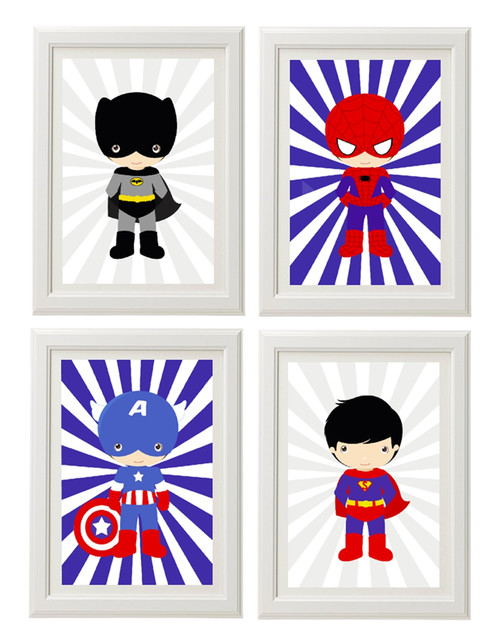 Superhero wall art set. Batman, Captain America, Spiderman and Superman