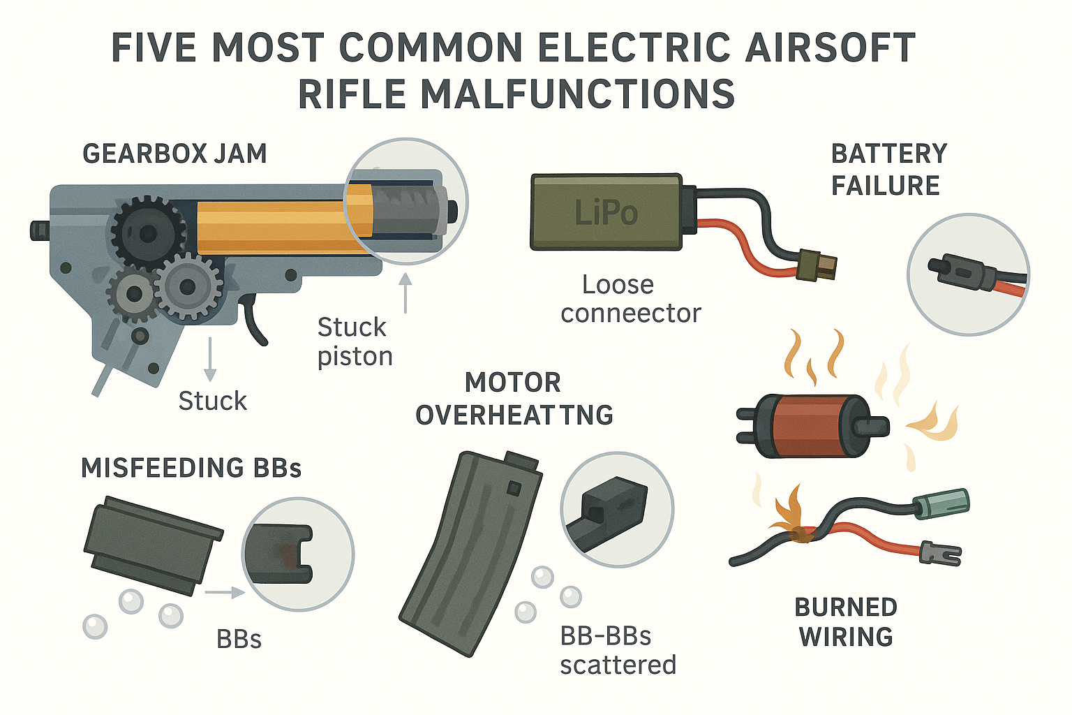 Infographic poster showing five common electric airsoft rifle malfunctions with labeled vector illustrations: gearbox jam, battery failure, motor overheating, misfeeding BBs, and electrical short. Includes detailed graphics, soft color palette, callout bubbles, arrows, and clear component labeling for educational purposes.