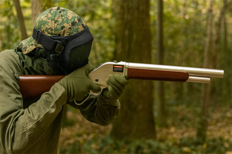 shell ejecting airsoft shotgun in use 
