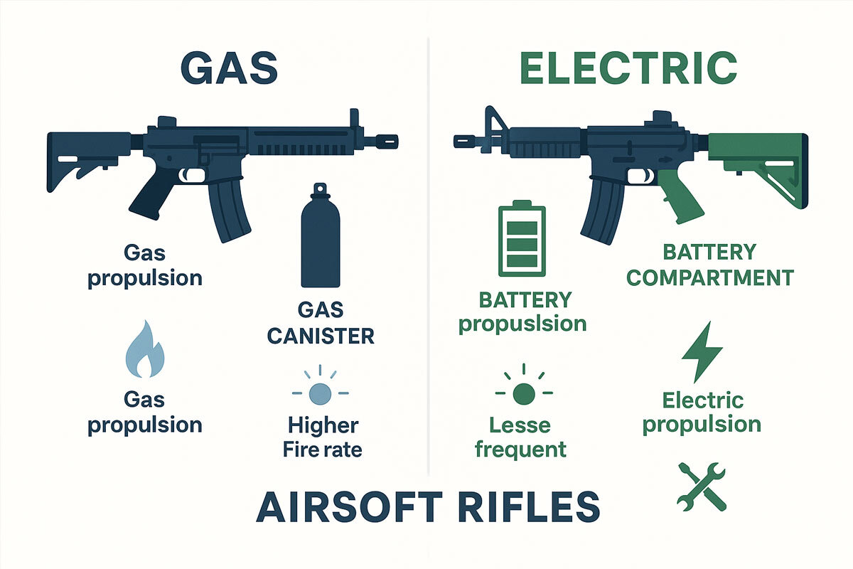 Minimalist infographic visually compares gas-powered and electric airsoft rifles. 