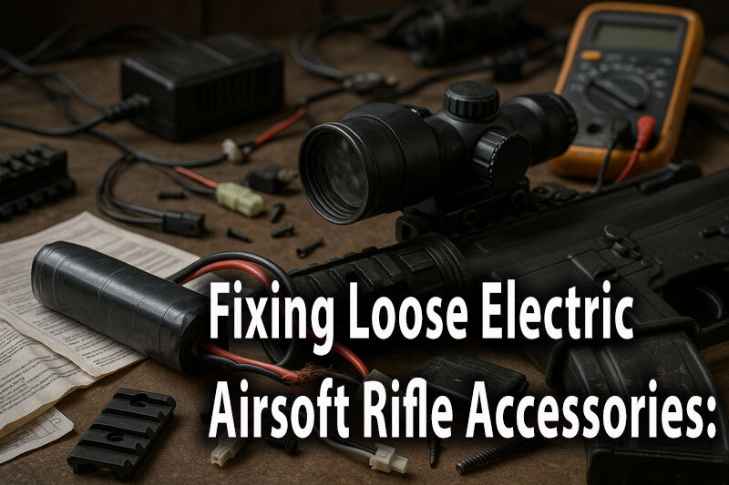 Cluttered workbench with electric airsoft rifle accessories, showing frayed battery cable, scratched and dusty scope lens, worn magazine with chipped paint, exposed wiring, scattered manuals, small screws, disassembled parts, and subtle rust, highlighting common maintenance problems and wear.
