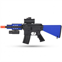 Side profile of the Double Eagle M805B1 Electric BB Gun Airsoft Rifle in Blue with a scope and mounted flashlight