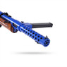 Close-up of the perforated barrel and front sight on the Snow Wolf SW-21 - Bergmann MP 18 Airsoft Rifle in Blue.