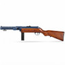 Snow Wolf SW-21 - Bergmann MP 18 Airsoft Rifle in Blue, side view with wood stock and vertical magazine on white
