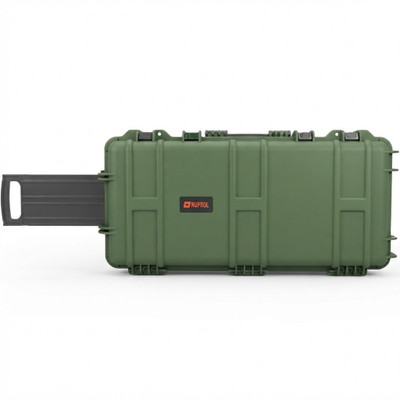 Nuprol Medium Premium Rifle Case with P&P Foam in Green, closed with pull handle extended on a white background