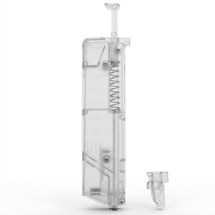 Nuprol Pistol Speed loader 100 Rounds in Clear, front view with visible spring and detached nozzle on a white background