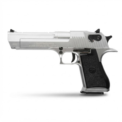 Side profile view of the Cybergun Desert Eagle .50AE GBB Pistol in Silver with Carry Case isolated on white background.