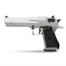Side profile view of the Cybergun Desert Eagle .50AE GBB Pistol in Silver with Carry Case isolated on white background. Side profile view of the Cybergun Desert Eagle .50AE GBB Pistol in Silver with Carry Case isolated on white background.