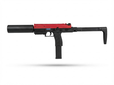 Right profile view of the VORSK VMP-1X SMG Gas BlowBack Semi Auto Only SMG in Black/Red with suppressor.