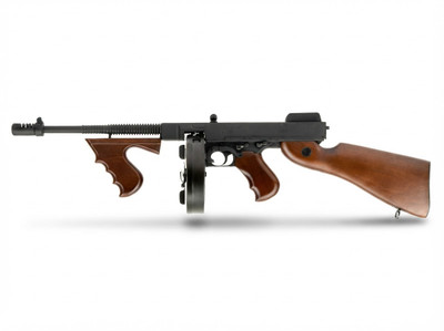 Full side view of the Cybergun Thompson M1928 "Chicago Typewriter" AEG Airsoft Rifle in Wood on a white background.